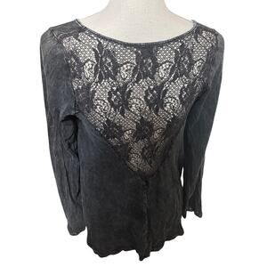 Basil & Lola Womans T-Shirt Black Lace inset fairy grunge Y2K faded swing top M
